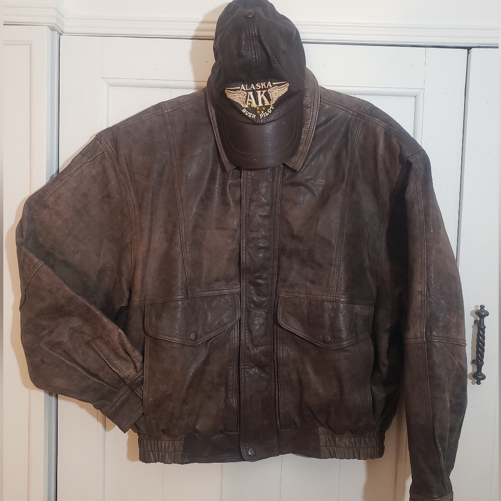 Vintage Leather Brown Bomber Flight Jacket Men’s XL & Brown Bush Pilot Hat